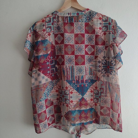 Double D Ranch Prairie Patch Western Blouse XL Bohemian Flutter Sleeve Top - Picture 8 of 12